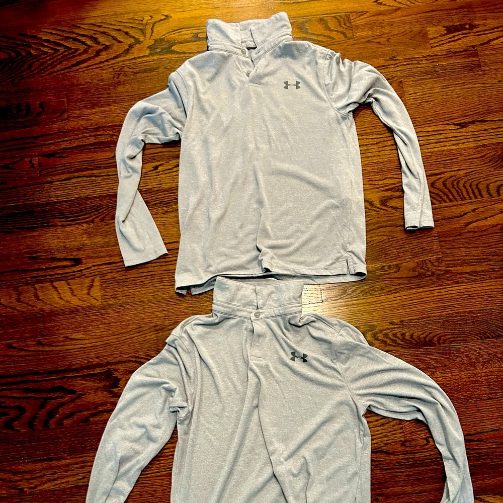 Under armor, gray half zip pull over, medium and large excellent condition